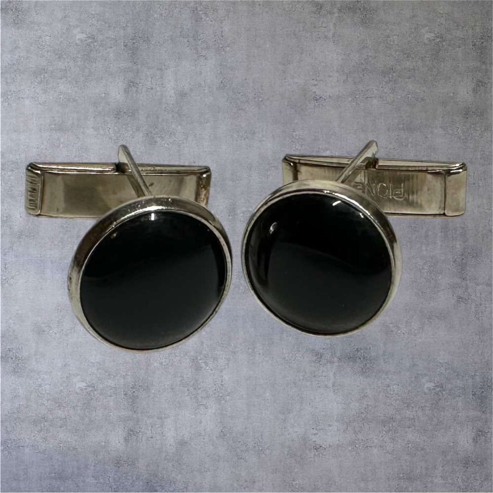Vintage Pioneer Cufflinks Black Stone Silver Tone Round Mens